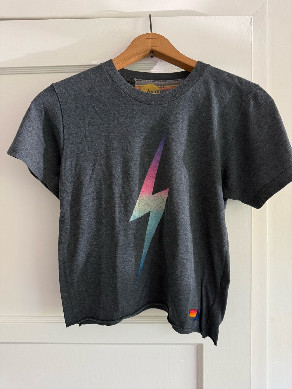 Aviator Nation Women’s Charcoal Tee with Rainbow Lightning Bolt